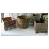 Lot of Various Vintage Primitive Wood Boxes & 1 Bushel Basket