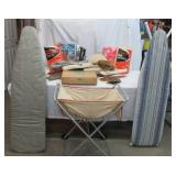 Lot of Vintage Ironing Boards, Pads & Covers, wood clothes pins, laundry cart and more.