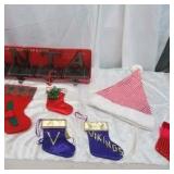 Christmas Lot New Stocking Holder, Various Christmas Stockings, MN Vikings Stockings and Santa Hats