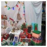 Christmas Decor Lot Vintage String Lights, Many boxed Hallmark Ornaments, Garland and more