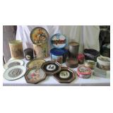 Lot of Vintage Tin ware: Tin Cans, Tin Wall Art, Tin Garbage Cans, Trays, 1 decorative box with lid