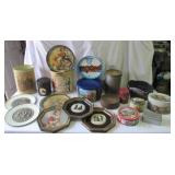 Lot of Vintage Tin ware: Tin Cans, Tin Wall Art, Tin Garbage Cans, Trays, 1 decorative box with lid