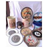 Lot of Vintage Tin ware: Tin Cans, Tin Wall Art, Tin Garbage Cans, Trays, 1 decorative box with lid
