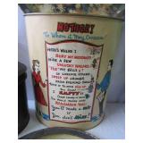 Lot of Vintage Tin ware: Tin Cans, Tin Wall Art, Tin Garbage Cans, Trays, 1 decorative box with lid
