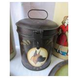 Lot of Vintage Tin ware: Tin Cans, Tin Wall Art, Tin Garbage Cans, Trays, 1 decorative box with lid