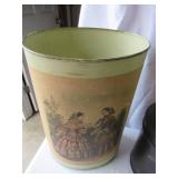 Lot of Vintage Tin ware: Tin Cans, Tin Wall Art, Tin Garbage Cans, Trays, 1 decorative box with lid