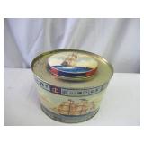 Lot of Vintage Tin ware: Tin Cans, Tin Wall Art, Tin Garbage Cans, Trays, 1 decorative box with lid
