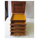 Vintage wood 4 Drawer Jewelry Box with decorative metal Drawer Pulls
