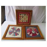 Lot of 3 Vintage wood Framed Folk Art Patchwork Designs, Heart Motifs, Wall Hangings.