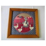 Lot of 3 Vintage wood Framed Folk Art Patchwork Designs, Heart Motifs, Wall Hangings.