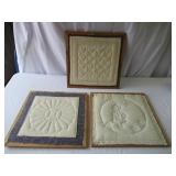 Lot of 3 Vintage wood Framed Folk Art Patchwork Designs, Heart Motifs, Wall Hangings.