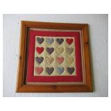Lot of 3 Vintage wood Framed Folk Art Patchwork Designs, Heart Motifs, Wall Hangings.