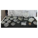 Lot of Vintage fancy Clear Glass Pieces: Trays, Relish Dishes, Bowls, Candle Holders, Luncheon Plates, Ashtray