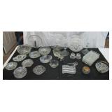 Lot of Vintage fancy Clear Glass Pieces: Trays, Relish Dishes, Bowls, Candle Holders, Luncheon Plates, Ashtray