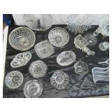 Lot of Vintage fancy Clear Glass Pieces: Trays, Relish Dishes, Bowls, Candle Holders, Luncheon Plates, Ashtray