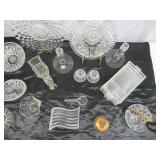 Lot of Vintage fancy Clear Glass Pieces: Trays, Relish Dishes, Bowls, Candle Holders, Luncheon Plates, Ashtray