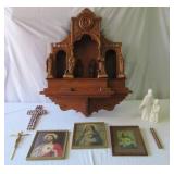 Lot of Vintage Religious Items: wood Altar, 6 hand carved Saint Figurines, Framed Prints, Holy Family statue,2 Crosses and a 1 Crucifix