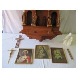 Lot of Vintage Religious Items: wood Altar, 6 hand carved Saint Figurines, Framed Prints, Holy Family statue,2 Crosses and a 1 Crucifix
