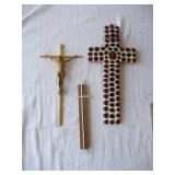 Lot of Vintage Religious Items: wood Altar, 6 hand carved Saint Figurines, Framed Prints, Holy Family statue,2 Crosses and a 1 Crucifix