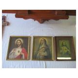 Lot of Vintage Religious Items: wood Altar, 6 hand carved Saint Figurines, Framed Prints, Holy Family statue,2 Crosses and a 1 Crucifix