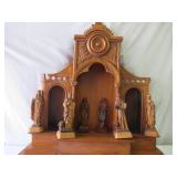 Lot of Vintage Religious Items: wood Altar, 6 hand carved Saint Figurines, Framed Prints, Holy Family statue,2 Crosses and a 1 Crucifix