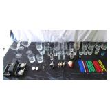 Lot of Vintage Barware: Martini Glasses, Shot Glasses, Cocktail Mixer Glasses, Advertising Swizzle Sticks