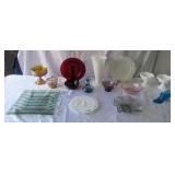 Lot of Vintage Decorative Colored Glassware, Milk Glass, Colored Art Pieces, Vases, Plates, Candle Holders and more