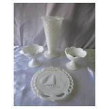 Lot of Vintage Decorative Colored Glassware, Milk Glass, Colored Art Pieces, Vases, Plates, Candle Holders and more