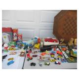 LG Lot of Vintage Toys: Fisher Price, Steel vehicles, Disney Dalmation 101 in Box, Game Board, Ertl, Games, Ginny Carry Case & more