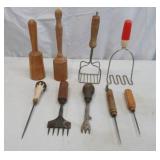 Antique Vintage Kitchen Gadgets including wooden tools: Potato masher, Primitive pounder, Ice Pic and Chippers