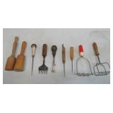 Antique Vintage Kitchen Gadgets including wooden tools: Potato masher, Primitive pounder, Ice Pic and Chippers