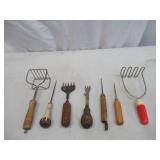 Antique Vintage Kitchen Gadgets including wooden tools: Potato masher, Primitive pounder, Ice Pic and Chippers