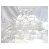 Lot of 21 Vintage Etched Barware Glasses: Cocktail, Deserts- Sherbert, Champagne, Martinis, Daquiris. Art Deco Style