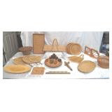 Lot of Vintage Wicker & Wood Household Items: Baskets, Lazy Susan, wooden Antique Spigot, and more