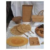 Lot of Vintage Wicker & Wood Household Items: Baskets, Lazy Susan, wooden Antique Spigot, and more