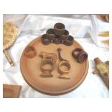 Lot of Vintage Wicker & Wood Household Items: Baskets, Lazy Susan, wooden Antique Spigot, and more