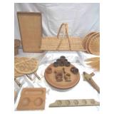 Lot of Vintage Wicker & Wood Household Items: Baskets, Lazy Susan, wooden Antique Spigot, and more