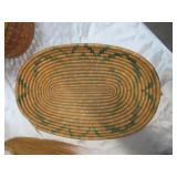 Lot of Vintage Wicker & Wood Household Items: Baskets, Lazy Susan, wooden Antique Spigot, and more