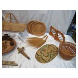 Lot of Vintage Wicker & Wood Household Items: Baskets, Lazy Susan, wooden Antique Spigot, and more