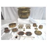 Lot of Brass tone Items: Large pot, Cup & Saucer, Trivets, Candle holders & Snuffer and more