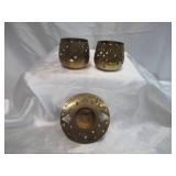 Lot of Brass tone Items: Large pot, Cup & Saucer, Trivets, Candle holders & Snuffer and more