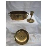 Lot of Brass tone Items: Large pot, Cup & Saucer, Trivets, Candle holders & Snuffer and more
