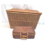 Lot of Vintage Wicker Baskets: Hinged Storage Trunk, Picnic Basket Suitcase. Rustic Farmhouse Decor