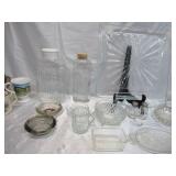 Lot of Vintage Glassware: Decanter, Large Plate, Small Dishes, Coffee Mugs