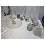 Lot of Vintage Glassware: Decanter, Large Plate, Small Dishes, Coffee Mugs