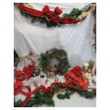 Lot of Christmas Decor: Wreath, Garland, Velvet Ribbon, Bows, French Horns