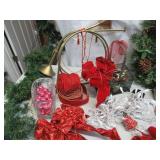 Lot of Christmas Decor: Wreath, Garland, Velvet Ribbon, Bows, French Horns