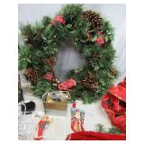 Lot of Christmas Decor: Wreath, Garland, Velvet Ribbon, Bows, French Horns