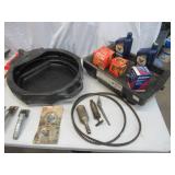 Lot of Automotive Oil Dispenser, Pans, Fan Belts, Ice Scrapers