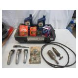 Lot of Automotive Oil Dispenser, Pans, Fan Belts, Ice Scrapers